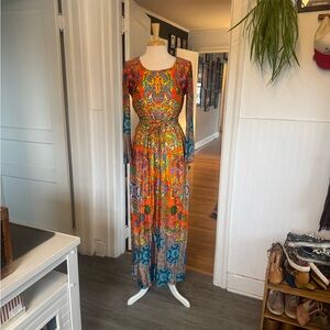 True Vintage 1970s Colorful Long Sleeve Maxi Dress